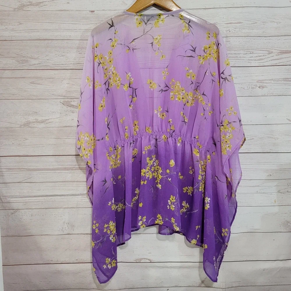 Apt 9 Sheer Kimono Top Womens Medium Purple Ombre Floral Relaxed Feminine
